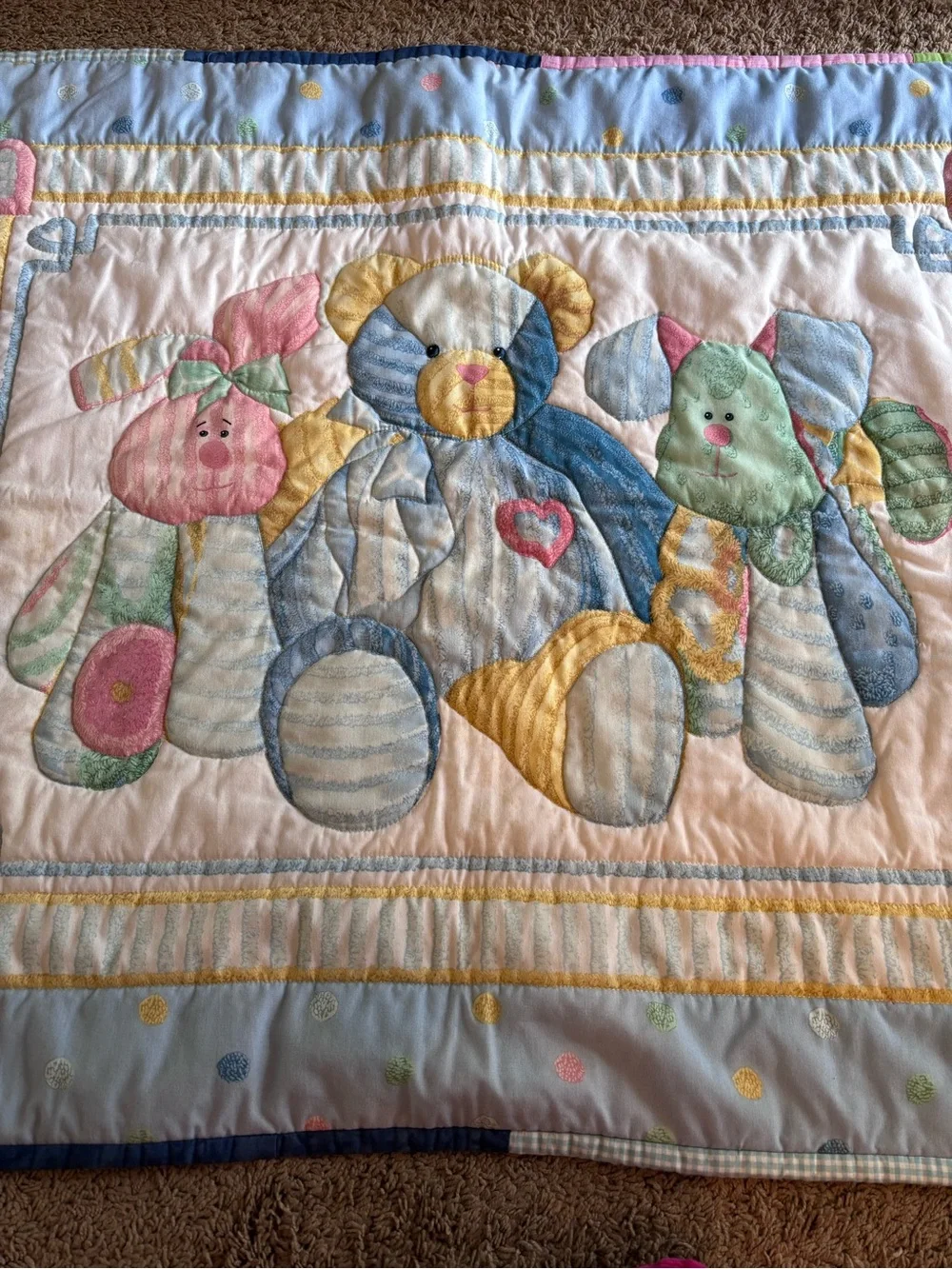 Pastel Teddy Patchwork Quilt - Nursery Plush Animal Design